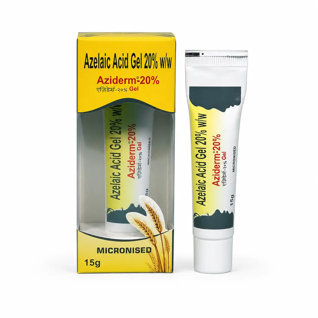 Aziderm Azelaic Acid Gel 20% 15g box and tube for acne marks, redness and uneven skin tone