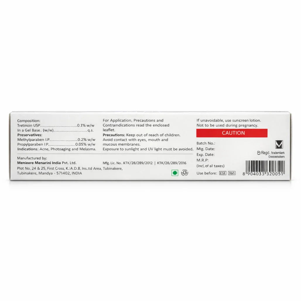 A-Ret Tretinoin Gel USP 0.1% w/w, 20g by Menarini for Acne Treatment